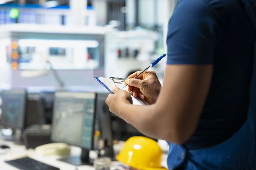 Ingeniero tomando notas en el laboratorio de metrología para industria automotriz