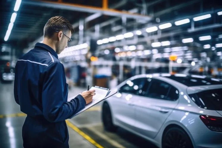Control de calidad en la industria automotriz persona revisando armado de vehiculo
